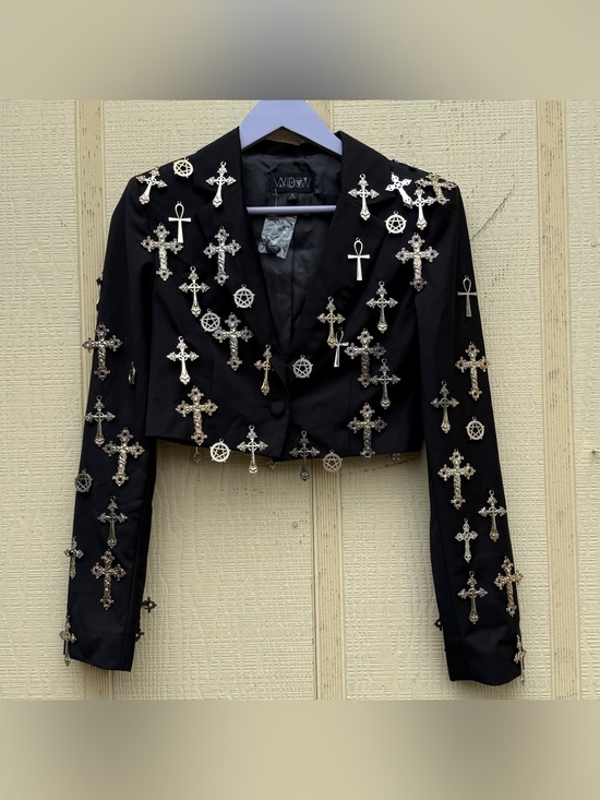 Dolls Kill Jackets & Blazers - Dolls Kill Widow Idol Worship Cropped Blazer Black Metal Cross Charm Goth Gothic